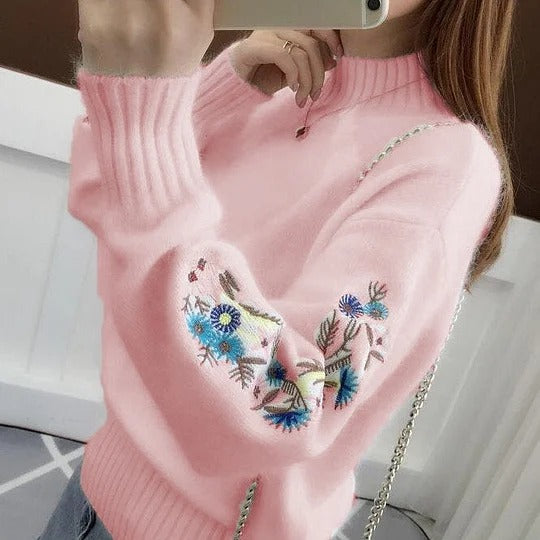 Pull en maille de cachemire épais avec broderie florale