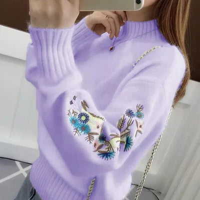 Pull en maille de cachemire épais avec broderie florale