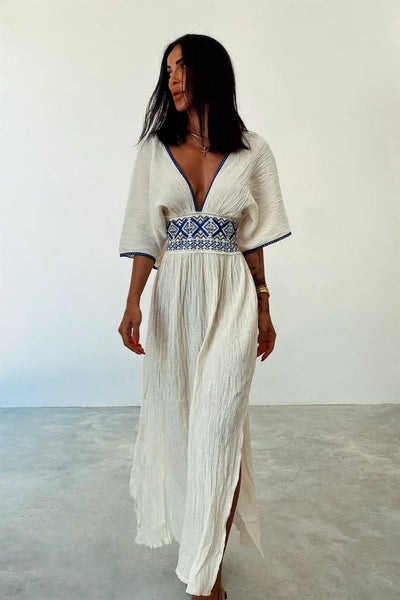 Robe Maxi Brodée Col en V avec Fente